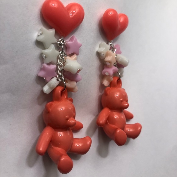 Chunky teddy star heart love peach 🍑 earrings fun long y2k Kawaii statement - Picture 2 of 3